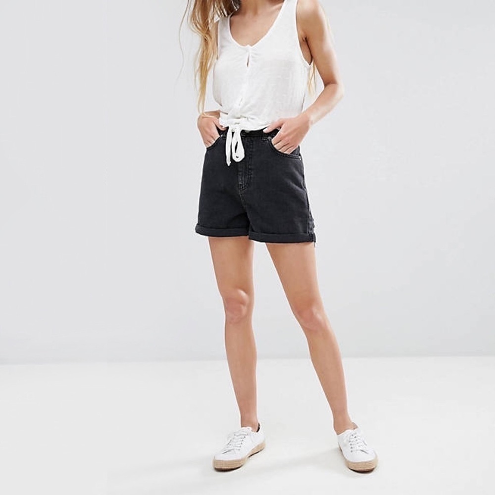 ASOS Denim High Waisted Mom Shorts in Washed Black With Bum Rips - Picture 3 of 7